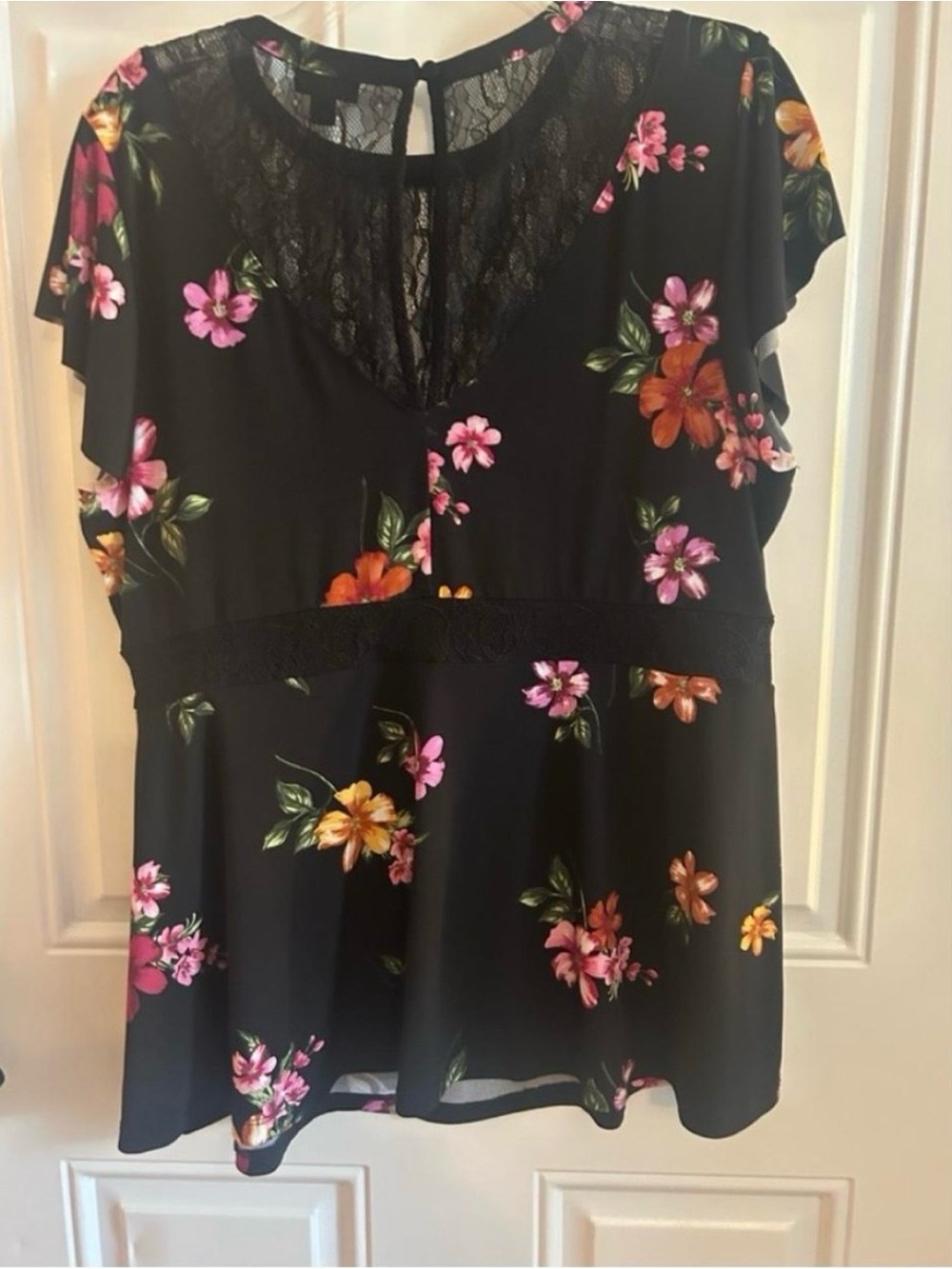 torrid Black Floral Lace-Trim Flutter Sleeve Blouse